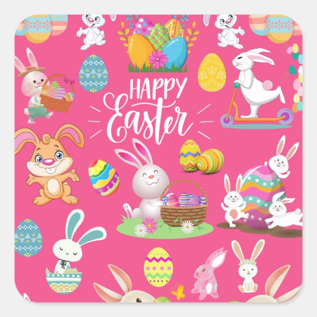 Happy Easter ,Funny Bunny Wishes And Colorful   Square Sticker (Front)
