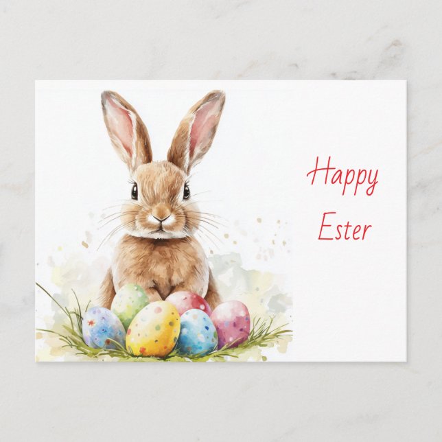 Happy Easter – Funny Bunny with Egg Delight Postcard (Front)