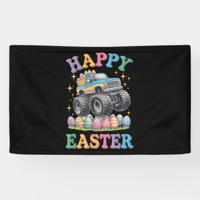 Happy Easter Funny Monster Truck Crush Eggs Banner (Horizontal)