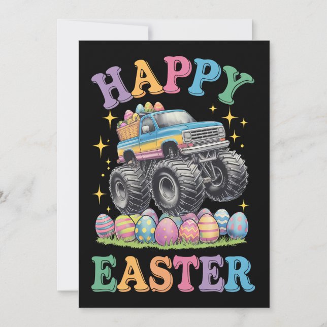 Happy Easter Funny Monster Truck Crush Eggs Invitation (Front)