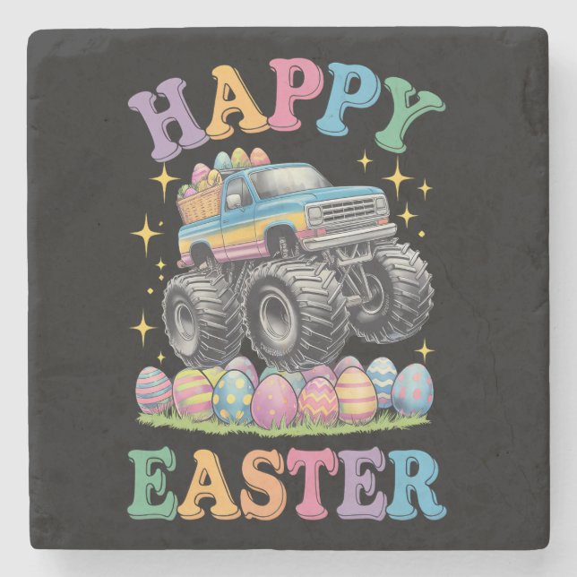 Happy Easter Funny Monster Truck Crush Eggs Stone Coaster (Front)
