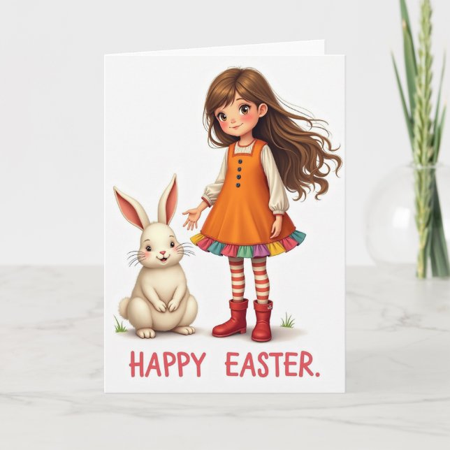 Happy Easter Girl And Bunny Card (Front)