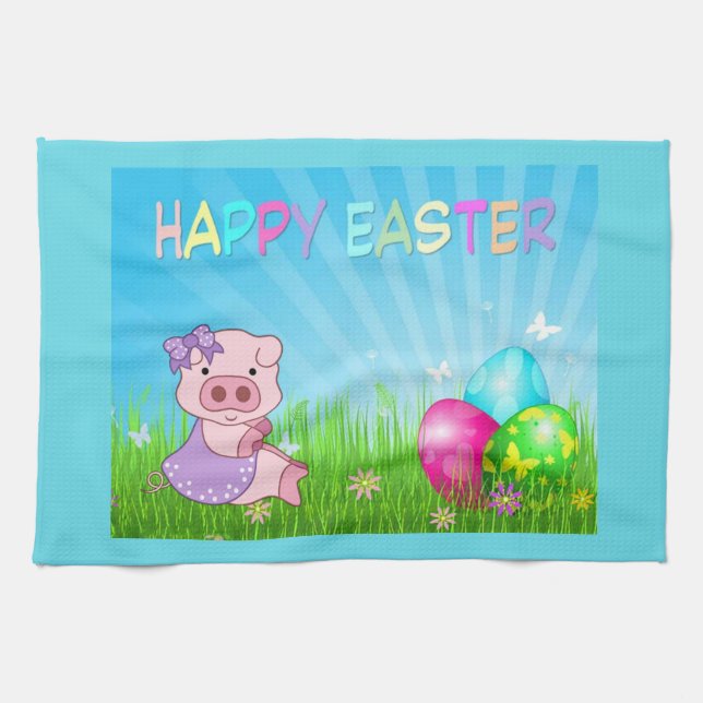 Happy Easter Girl Piggy Kitchen Towel (Horizontal)