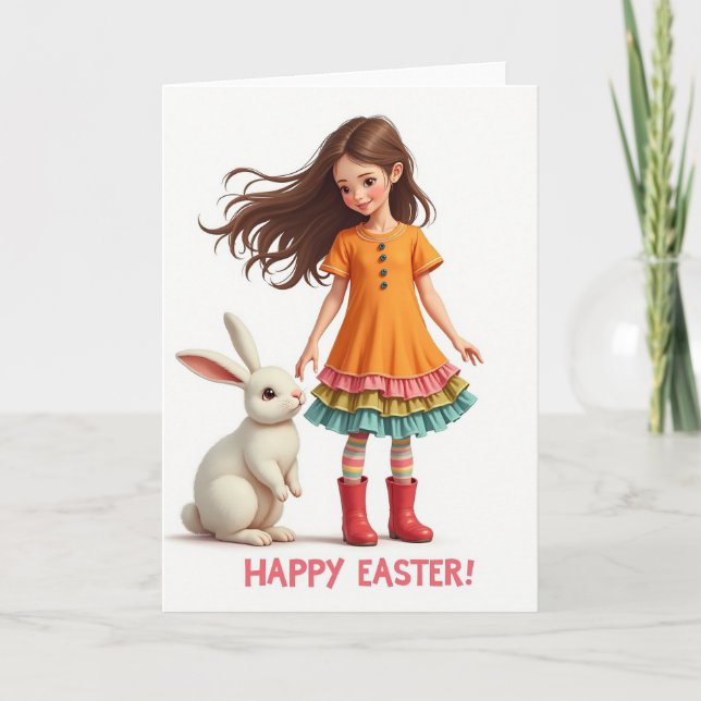 Happy Easter Girl Rabbit Card (Front)