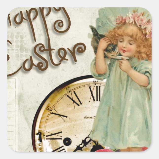 happy easter girl square sticker (Front)