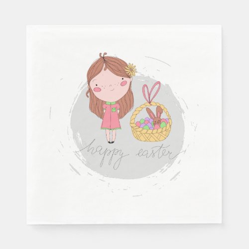 Happy Easter Girl with a Basket Art Napkins
