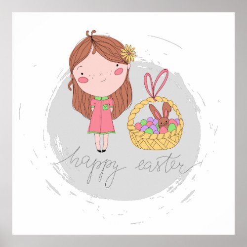 Happy Easter Girl with a Basket Art Poster