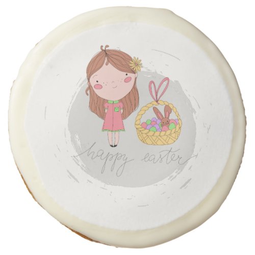 Happy Easter Girl with a Basket Art Sugar Cookie
