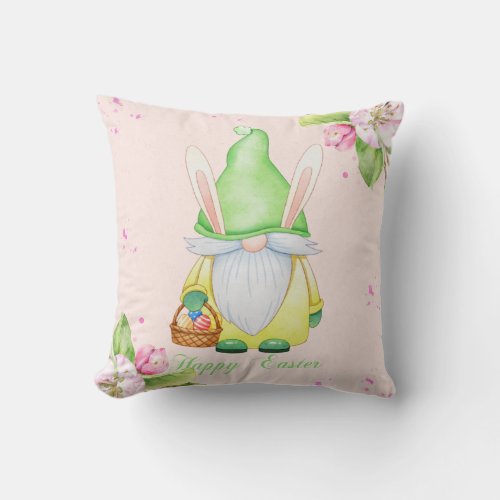 Happy Easter Gnome Cherry Blossom Watercolor  Throw Pillow