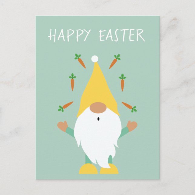 Happy Easter Gnome Juggling Carrots Postcard (Front)