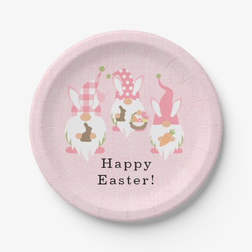 Happy Easter Gnomes Pink Gingham  Paper Plates