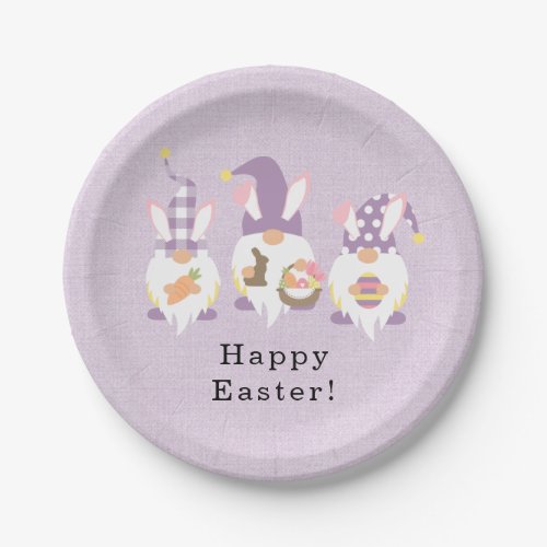 Happy Easter Gnomes Purple Gingham  Paper Plates