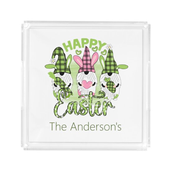 Happy Easter Gnomes with Bunny Ears Pink Green  Acrylic Tray