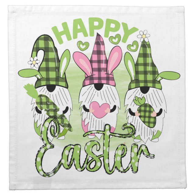 Happy Easter Gnomes with Bunny Ears Pink Green Cloth Napkin (Front)