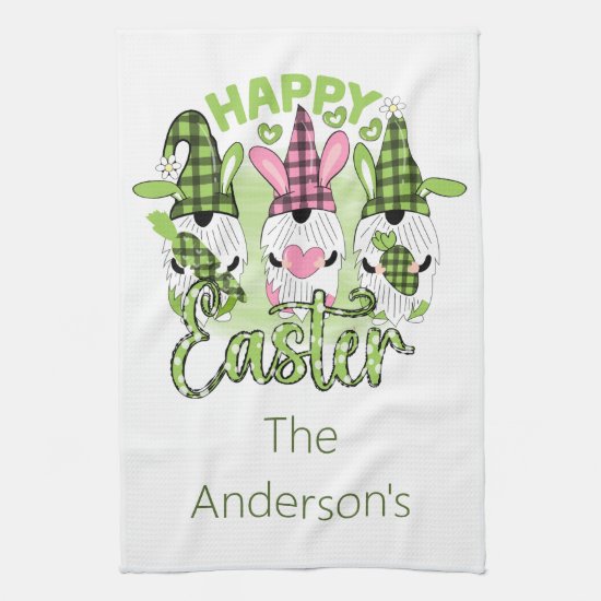 Happy Easter Gnomes with Bunny Ears Pink Green  Kitchen Towel