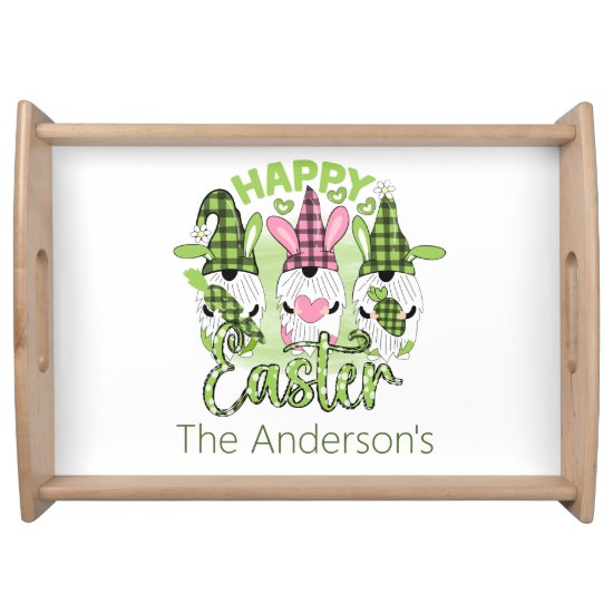 Happy Easter Gnomes with Bunny Ears Pink Green Serving Tray