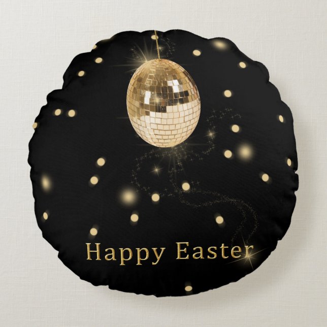 Happy Easter Gold Disco Ball Round Pillow (Front)