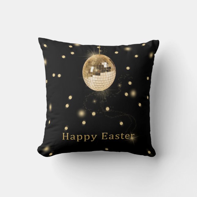 Happy Easter Gold Disco Ball Throw Pillow (Front)
