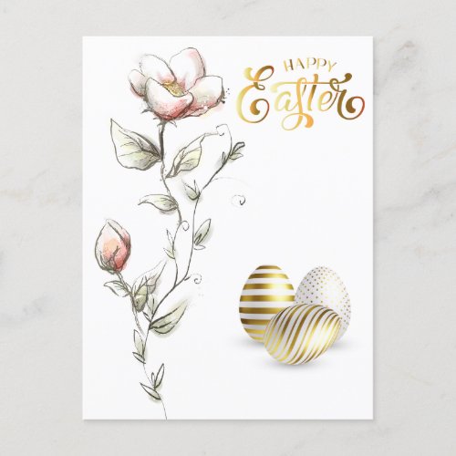 Happy Easter Gold Eggs Roses Postcard