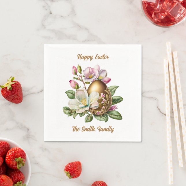Happy Easter Gold Floral Egg  Napkins (Insitu)