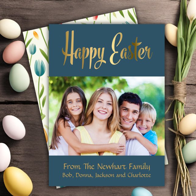 Happy Easter Gold Script Custom Photo Holiday Card (Happy Easter Gold Script Custom Photo Holiday Card)
