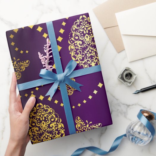 Happy Easter Golden Eggs and Butterflies Purple Wrapping Paper