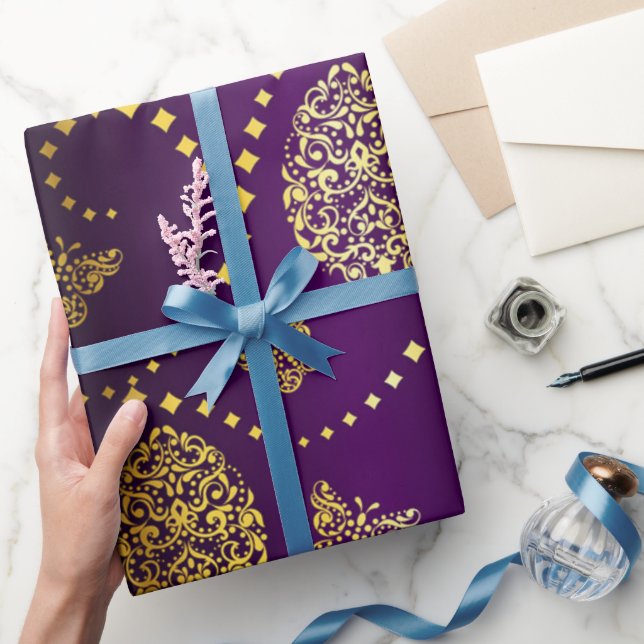 Happy Easter Golden Eggs and Butterflies Purple Wrapping Paper (Gifting)