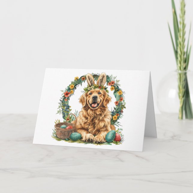 Happy Easter Golden Retriever Dog Bunny Ears Card (Front)