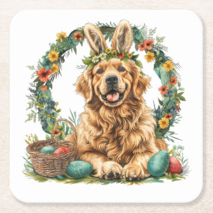 Happy Easter Golden Retriever Dog Bunny Ears Square Paper Coaster