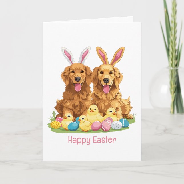 Happy Easter Golden Retriever Dogs Bunny Ears Holiday Card (Front)
