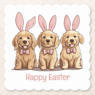 Happy Easter Golden Retriever Dogs Bunny Ears Paper Coaster
