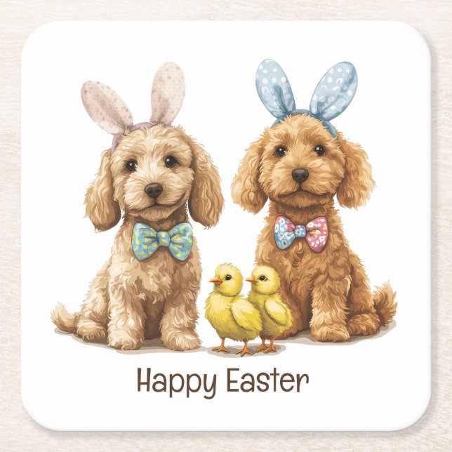 Happy Easter Goldendoodle Dogs Square Paper Coaster (Front)