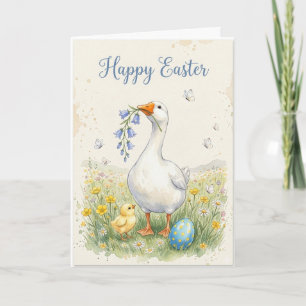 Happy Easter Goose Card Chick & Bellflowers