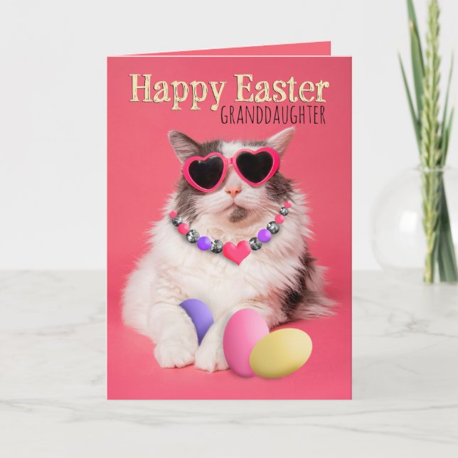 Happy Easter Granddaughter Glamorous Cat With Eggs Holiday Card (Front)