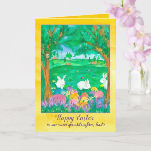 Happy Easter Granddaughter Rabbits Custom Name Card