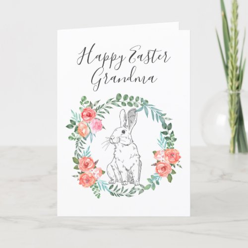 Happy Easter Grandma Bunny Boho Floral Watercolor Holiday Card