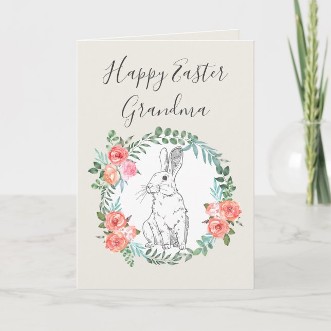Happy Easter Grandma Bunny Floral Boho Coconut Holiday Card (Front)