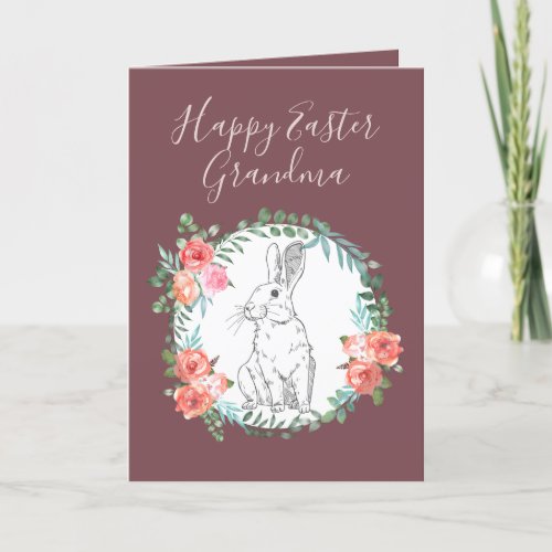 Happy Easter Grandma Bunny Floral Boho Deep Violet Holiday Card