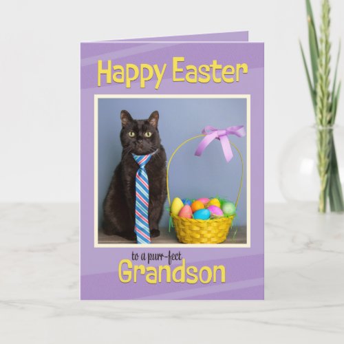 Happy Easter Grandson Cute Cat in Tie  Holiday Card