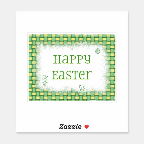 Happy Easter Green  Yellow Basket Weave Sticker