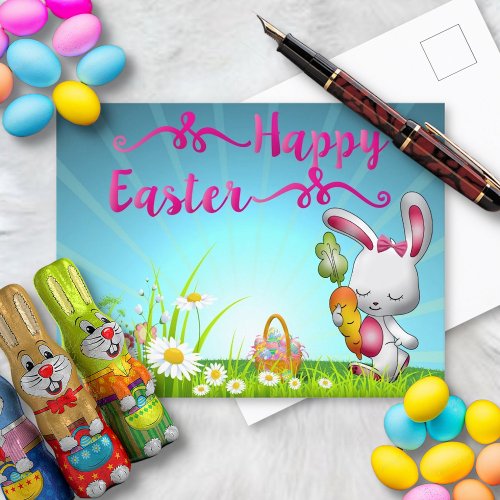 Happy Easter Greeting Bunny Spring Flowers   Postcard