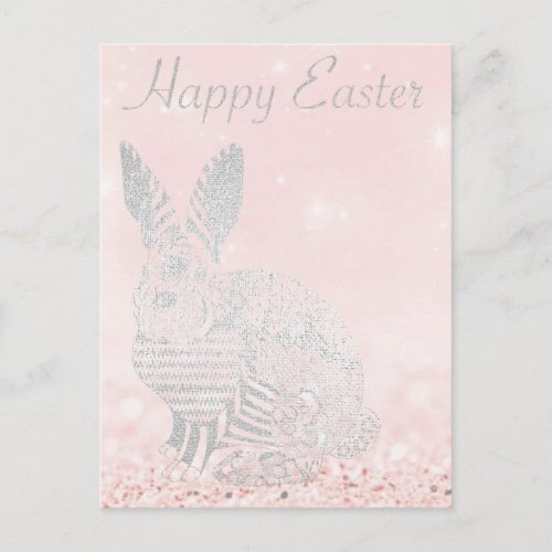 Happy Easter Greeting Rabbit Glitter Pink Silver Holiday Postcard