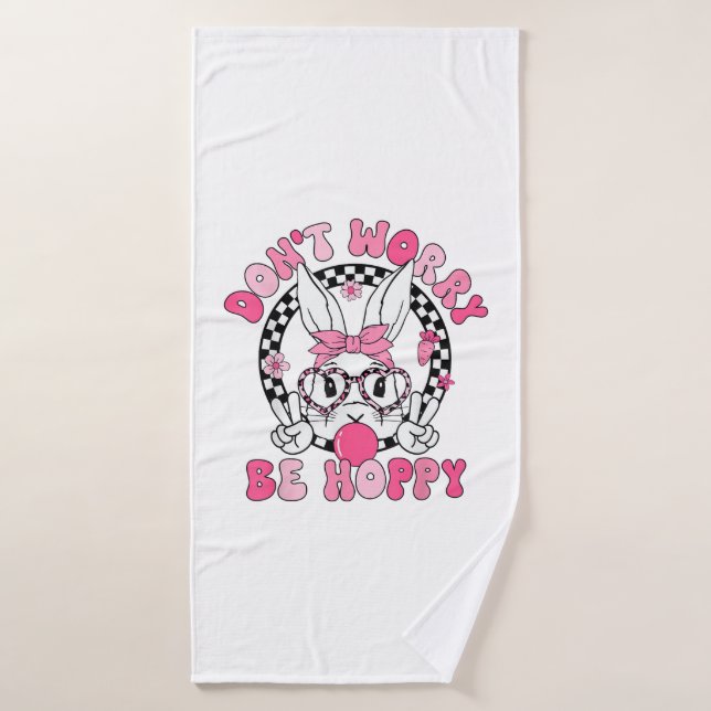 Happy Easter Groovy Bunny Face Don't Worry Be Hopp Bath Towel (Bath Towel)