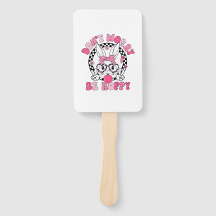 Happy Easter Groovy Bunny Face Don't Worry Be Hopp Hand Fan