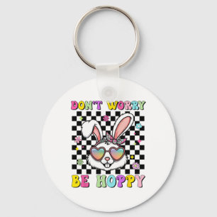 Happy Easter Groovy Bunny Face Don't Worry Be Hopp Keychain