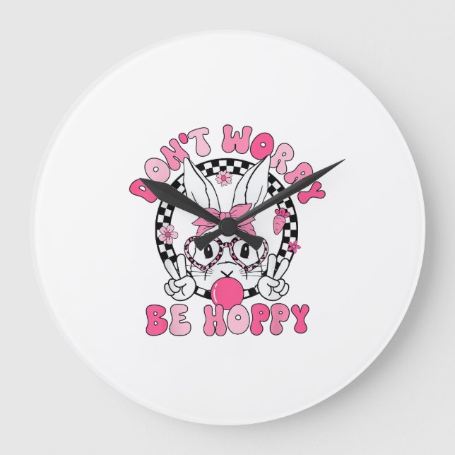 Happy Easter Groovy Bunny Face Don't Worry Be Hopp Large Clock (Front)