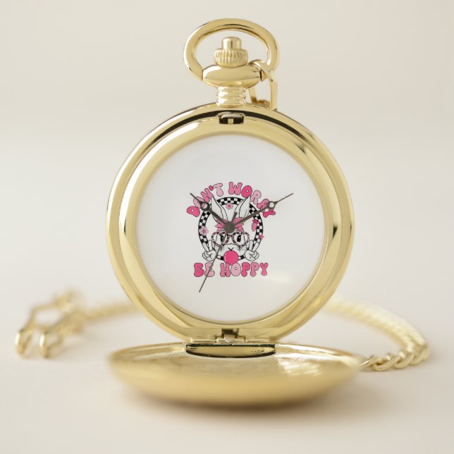 Happy Easter Groovy Bunny Face Don't Worry Be Hopp Pocket Watch (Inside)