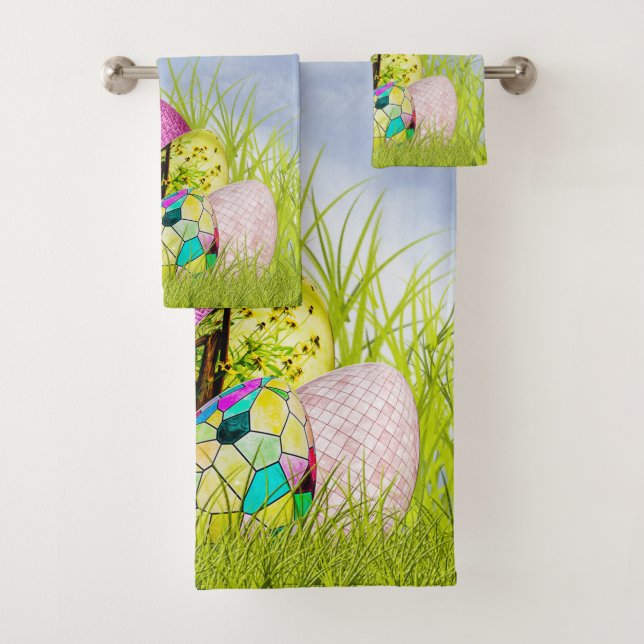 "Happy Easter" Half-Dozen Eggs Floral Photography Bath Towel Set (Insitu)