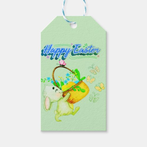 Happy Easter Hand Drawn Bunny With a Basket of Egg Gift Tags