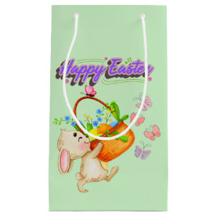 Happy Easter Hand Drawn Bunny With a Basket of Egg Small Gift Bag